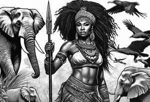 African woman warrior holding a spear with birds and elephants in the background tattoo idea