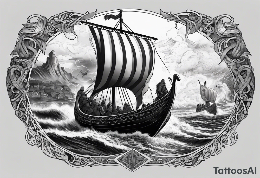 Norse mythology, ultra realism, Viking ships, war, battle, storm the beach, chaos, detailed tattoo idea