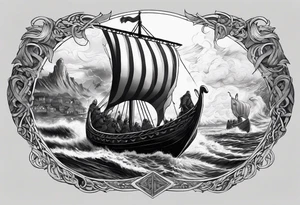 Norse mythology, ultra realism, Viking ships,  war, battle, storm the beach,  chaos,  detailed tattoo idea