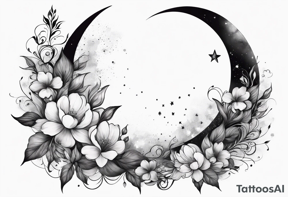 Crescent moon shrouded by beautiful flowers with wisps of mist tattoo idea
