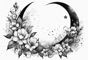 Crescent moon shrouded by beautiful flowers with wisps of mist tattoo idea