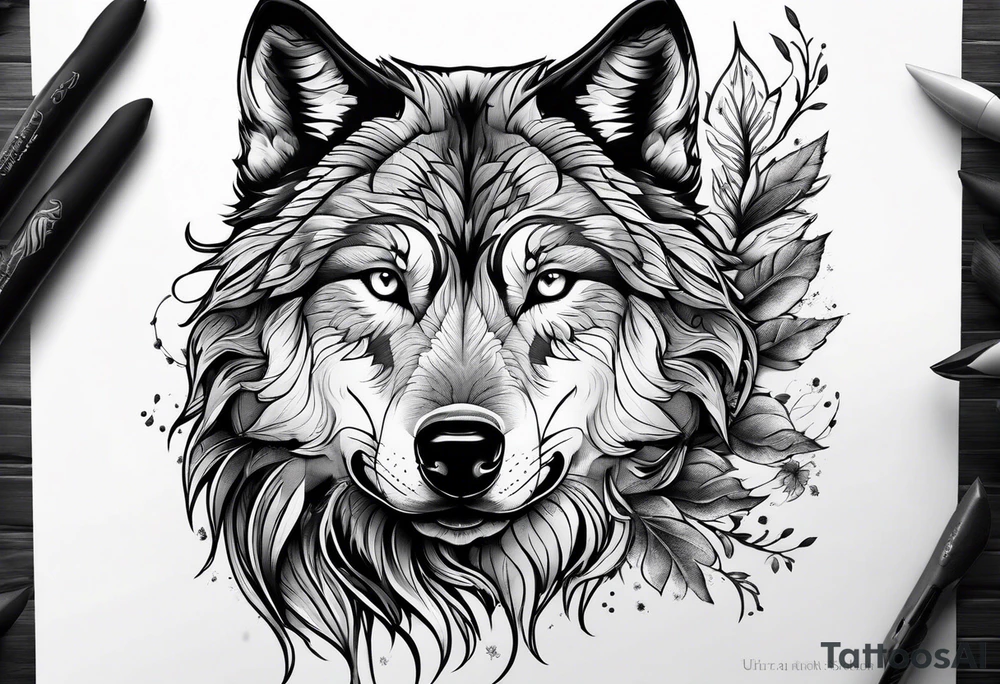 Wolf face with nature background tattoo idea