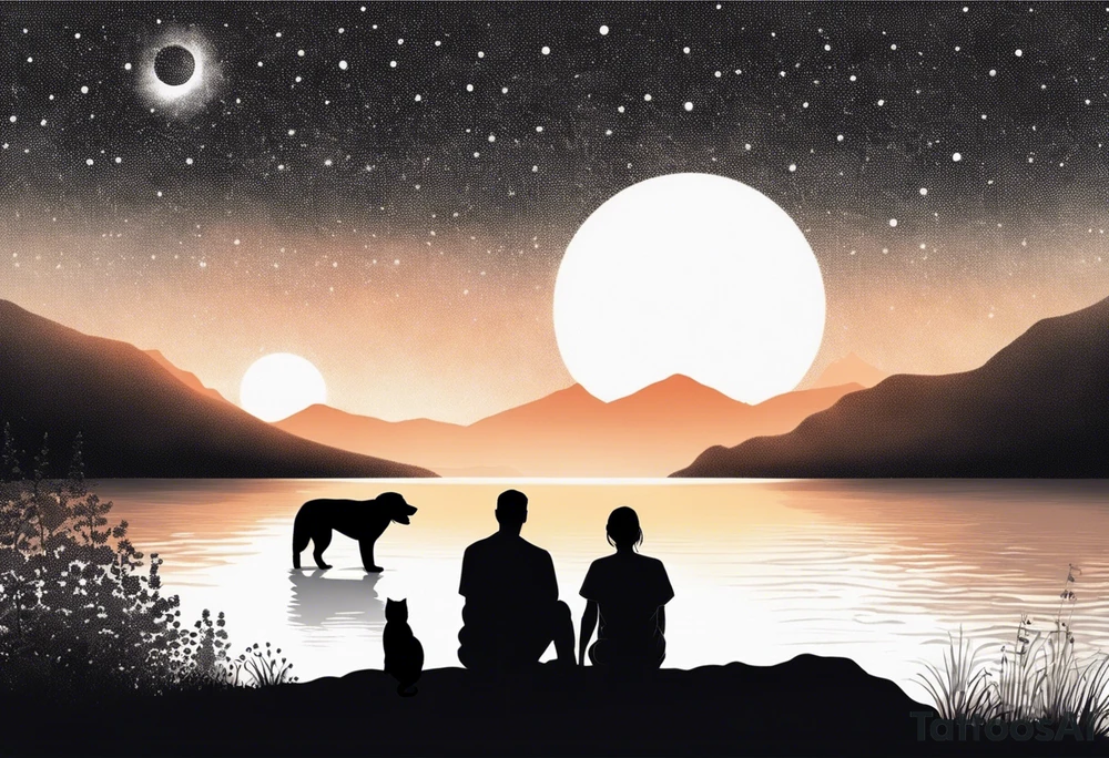 nature, sunset, mountains, a father and son sitting with their dog and cat 
by the water tattoo idea