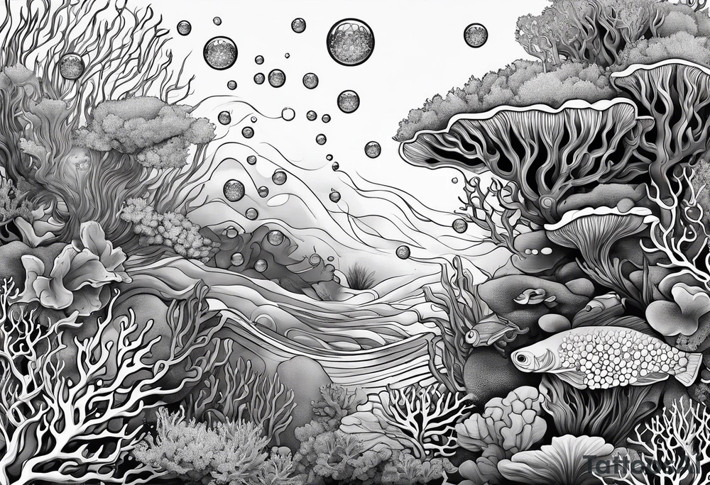 dark underwater coral reef with bubbles, flowing water lines tattoo idea