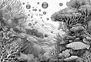 dark underwater coral reef with bubbles, flowing water lines tattoo idea