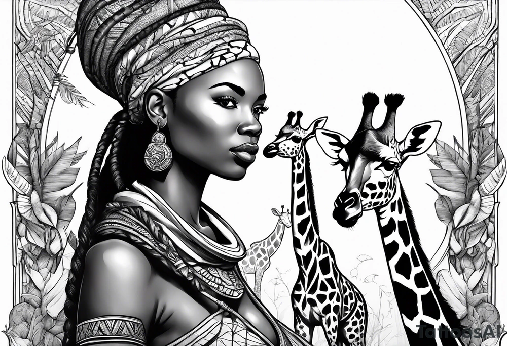 African woman warrior holding a spear with birds and giraffe in the background tattoo idea