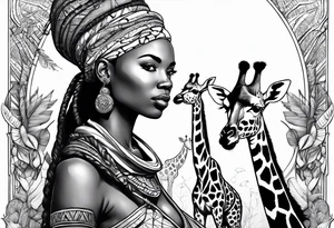 African woman warrior holding a spear with birds and giraffe in the background tattoo idea