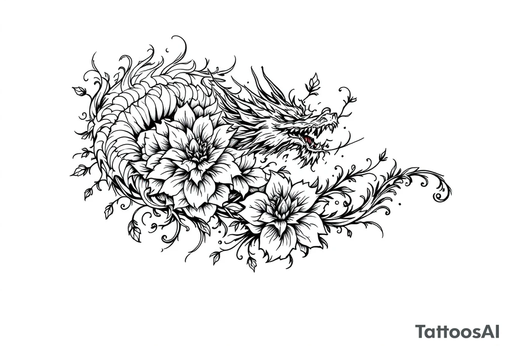 dragon with flowers tattoo idea