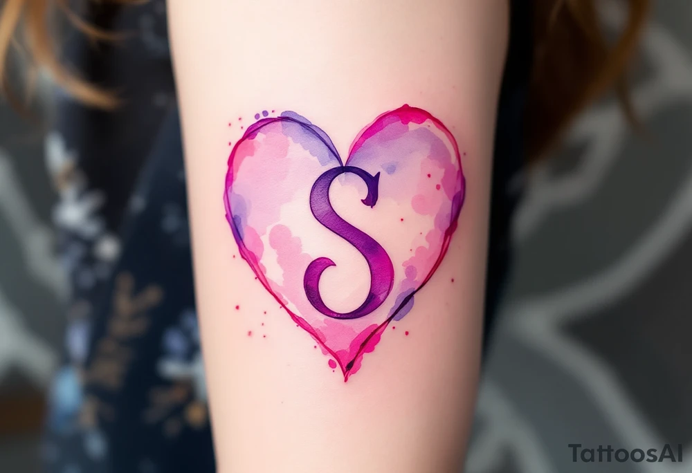 A watercolor heart in soft pink and lavender hues, with the letter "S" blending into the design as if painted by hand. tattoo idea