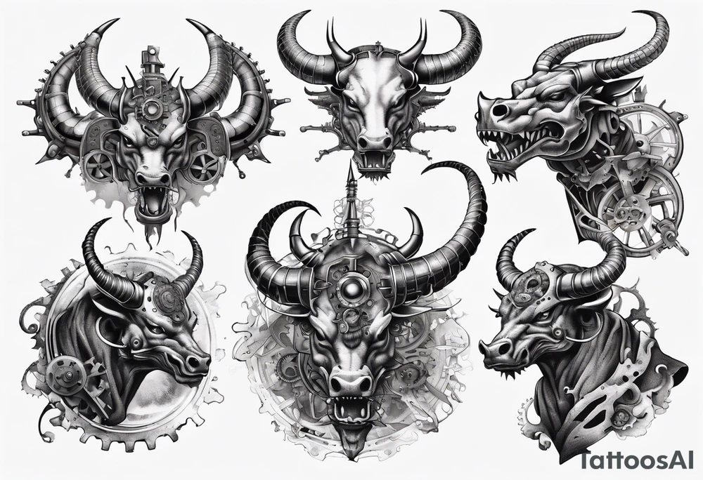 mECHANIZED DRAGON FIGHTING STEAM PUNK BULL tattoo idea