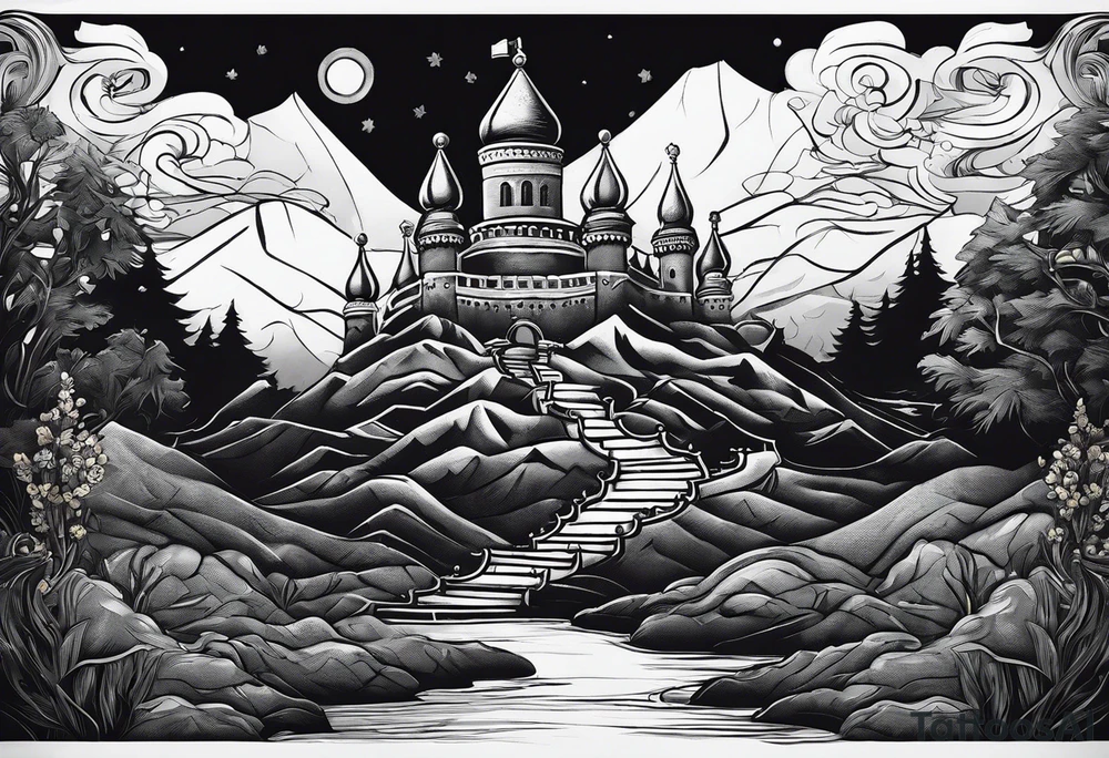 Books, chessboard with king and queen piece, background in a mountain night time landscape tattoo idea