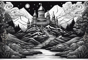 Books, chessboard with king and queen piece, background in a mountain night time landscape tattoo idea