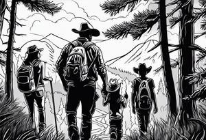 A man in cowboy hat with his family hiking through the Forrest. Add Mexican American tone tattoo idea