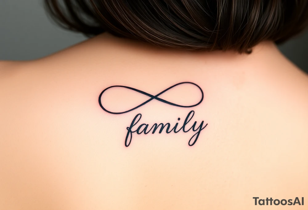A flowing infinity symbol intertwined with the word "family" written in elegant cursive tattoo idea