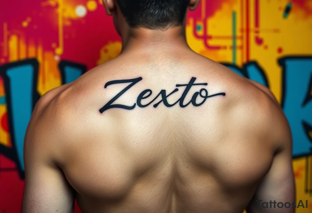 A bright colored graffiti style background with the name Zexto in script tattoo idea