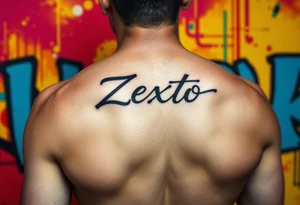 A bright colored graffiti style background with the name Zexto in script tattoo idea