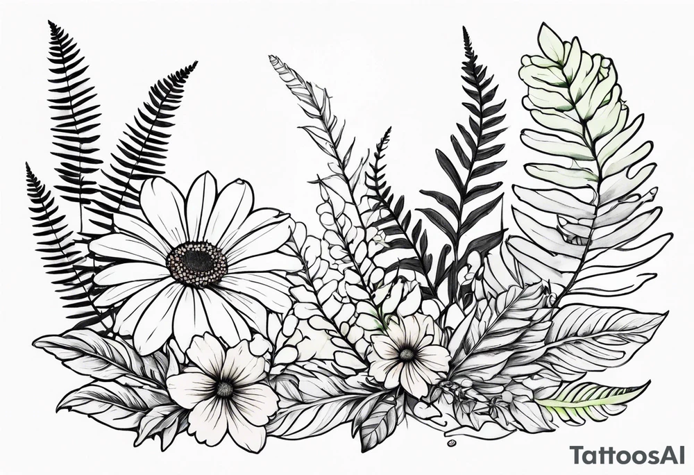 vertical mixed wildflower with ferns and with light color tattoo idea
