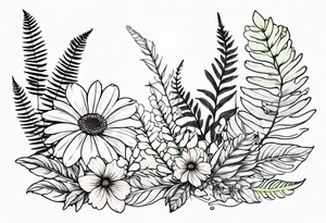vertical mixed wildflower with ferns and with light color tattoo idea
