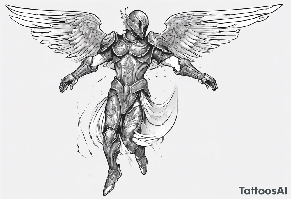 Side view of a good angel wearing inorganic armor that is in mid-air ready to attack tattoo idea