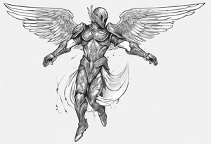 Side view of a good angel wearing inorganic armor that is in mid-air ready to attack tattoo idea