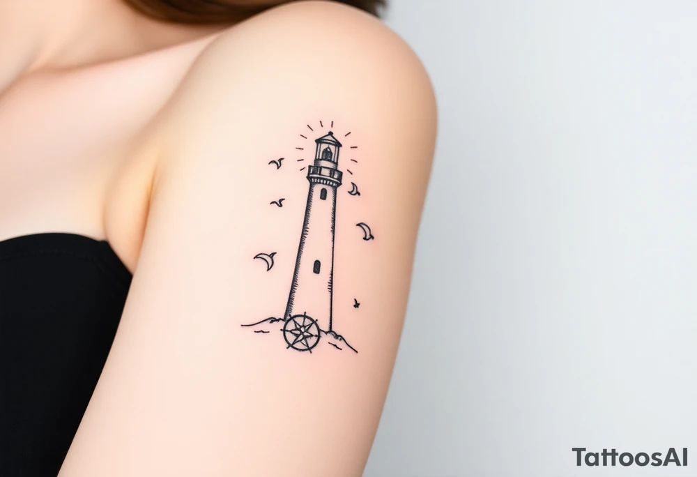 Simple Lighthouse shining with birds, a compass and crescent moon tattoo idea