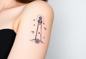 Simple Lighthouse shining with birds, a compass and crescent moon tattoo idea