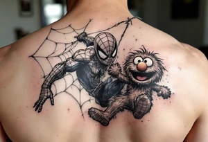 Full color spiderman swinging from a web with elmo tattoo idea