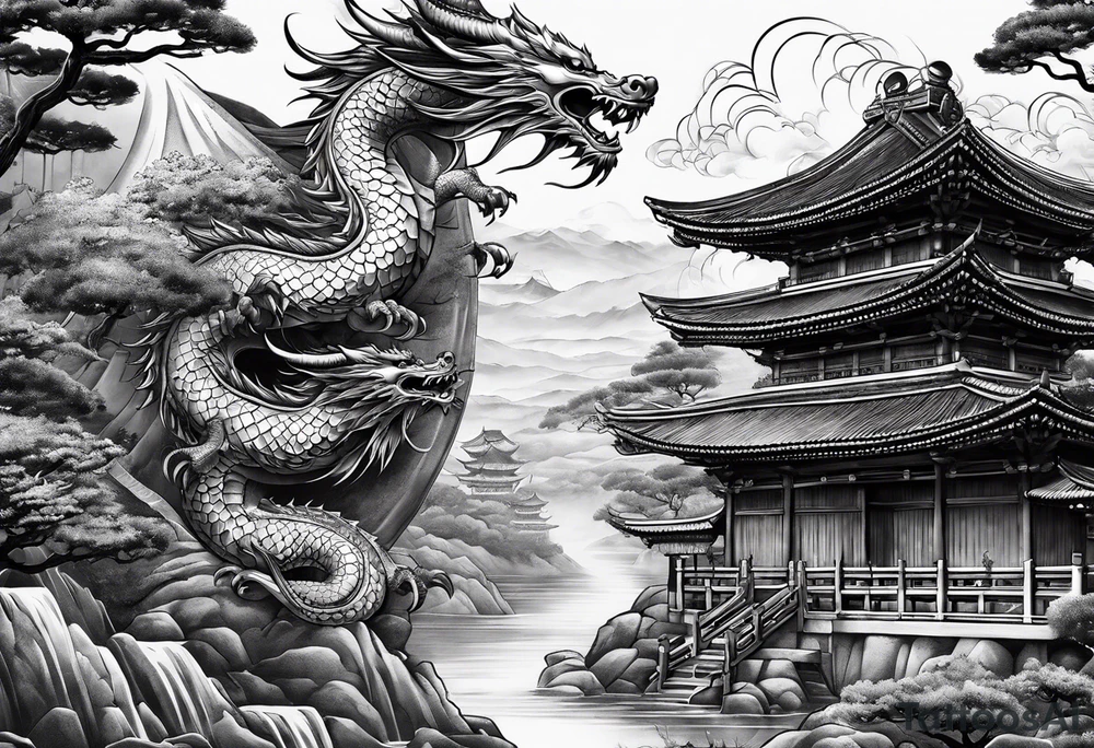 Dragón and samurai in zen circule, tori gate tattoo idea