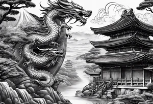 Dragón and samurai in zen circule, tori gate tattoo idea