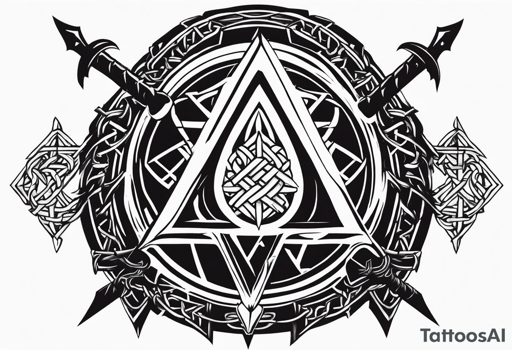 Valhalla sword shield dragon axe Valknut barbed wire chains tattoo idea Valhalla sword shield dragon axe Valknut barbed wire chains tattoo idea