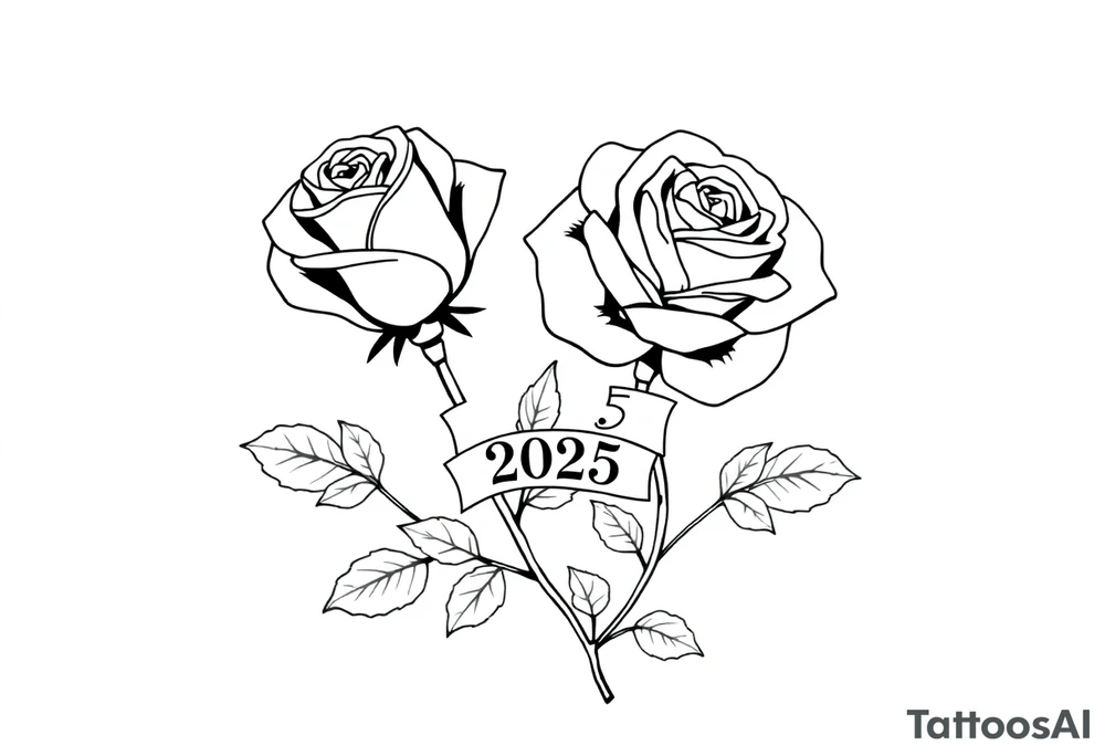 two beautiful large rose buds, one larger than the other, with many leaves next to the rose buds, with one sitting higher than the other. Include a banner connecting the two roses with the year 2025 on it.   Use dark outlines with little shading. The two stems should be short, not long, and connect and join into one stem, whimsically curved or twisted - not straight down. tattoo idea