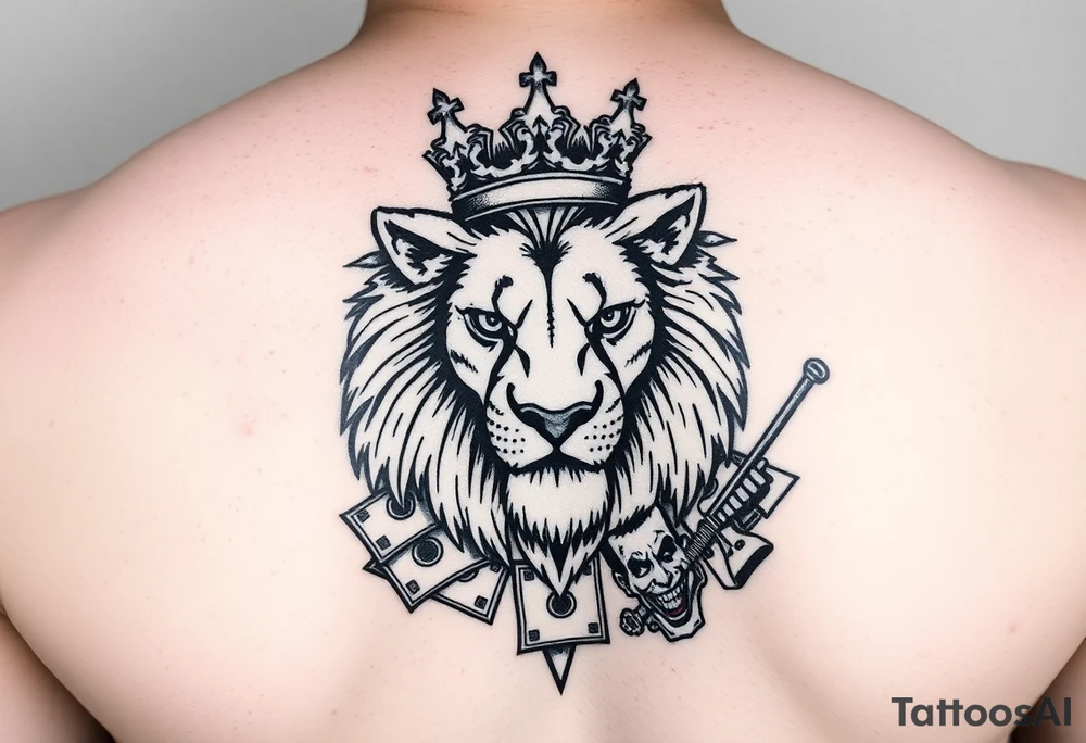 lion with a crown, surrounded by money and joker tattoo idea
