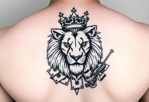 lion with a crown, surrounded by money and joker tattoo idea