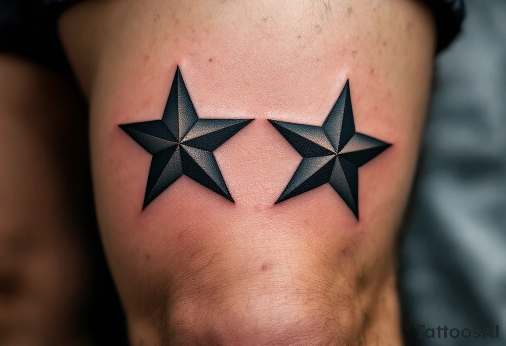 Two black five-pointed stars centered on each kneecap, bold and solid with sharp edges, symbolizing strength and resilience. tattoo idea