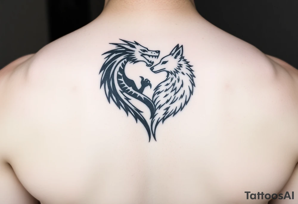 A dragon and a wolf in the shape of a heart tattoo idea