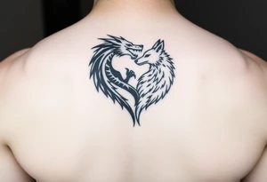 A dragon and a wolf in the shape of a heart tattoo idea