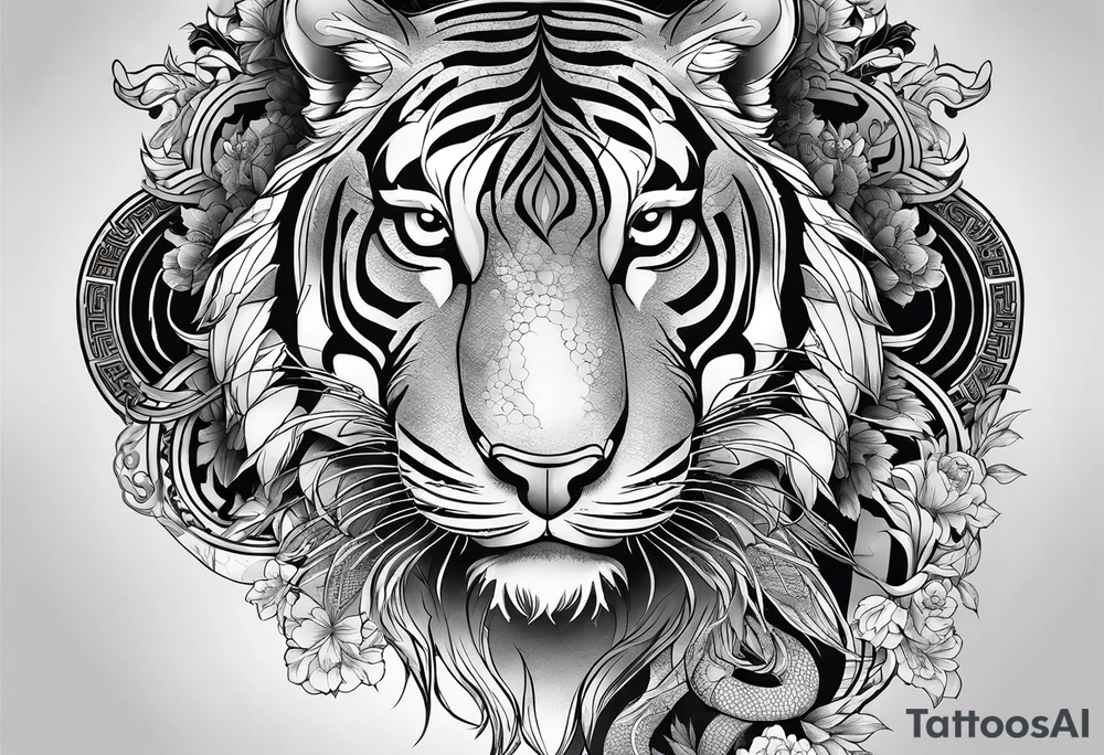 In English:

Create for me a tattoo in the Chinese style featuring a tiger, a rat, a snake, the Great Wall of China, and a temple. tattoo idea