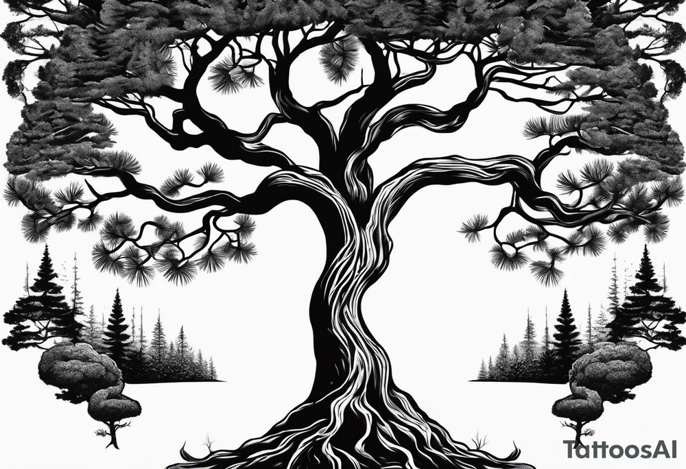 Pine tree amd upside down junper tree conected with roots which are forming an infinty sign tattoo idea