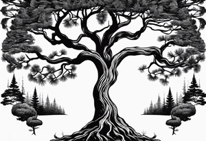 Pine tree amd upside down junper tree conected with roots which are forming an infinty sign tattoo idea