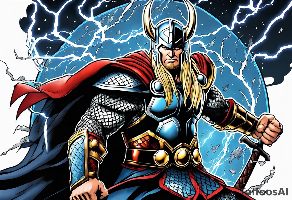The Mighty Thor  with lightning in the background tattoo idea