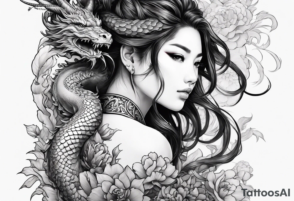large warrior nymph with dragon tattoo idea