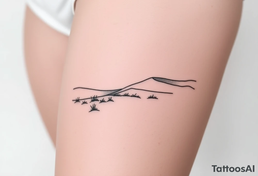 Landscape of sand dune and peasible sea (like in the north of France) in a minimalist style tattoo idea