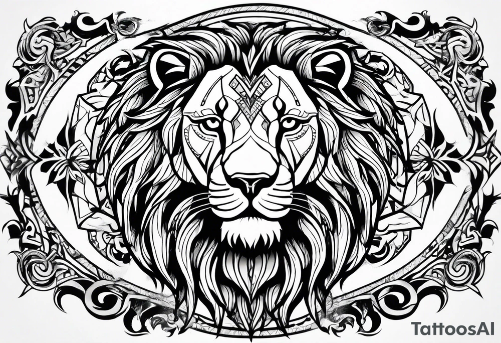Tribal surrounding a lion arm sleeve tattoo idea