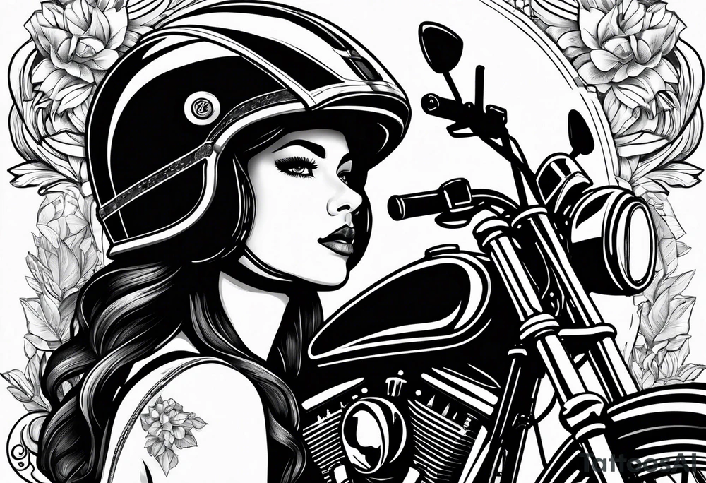 Frau mit Helm sitzt auf einen Motorrad tattoo idea