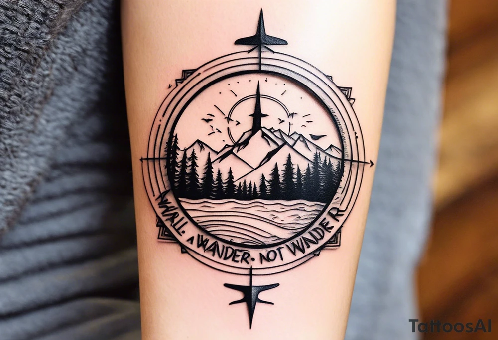 A half sleeve tattoo that features the quote **"Not all who wander are lost"** in elegant script on the outer forearm. Surrounding it are a compass rose and flowing elements like mountains, waves, and trees, symbolizing adventure and nature. Small travel icons like a plane and backpack are interspersed, enhancing the theme of exploration. The design uses a dynamic look that wraps naturally around your forearm. tattoo idea