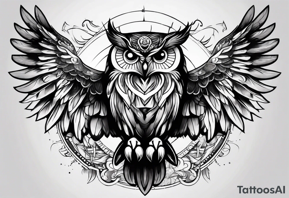 Owl with wings open and Libra scale on its claws tattoo idea