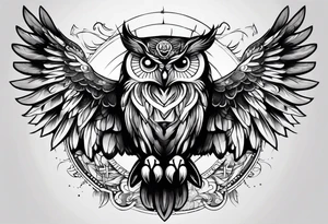 Owl with wings open and Libra scale on its claws tattoo idea