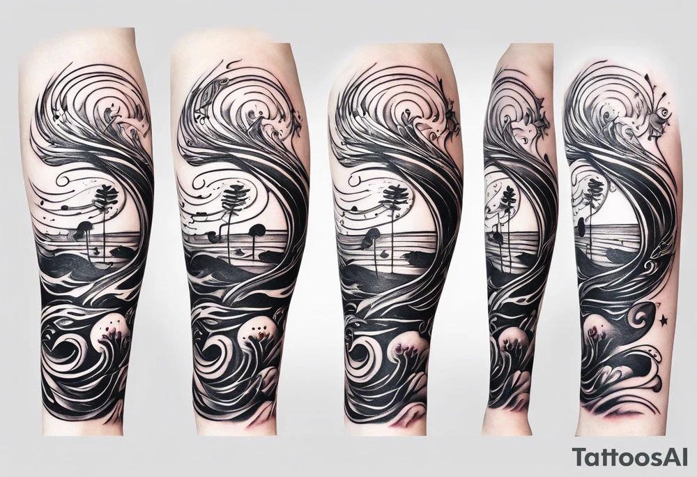 lots of empty space with simple line of icons down the back of the arm. there are four icons in this order:

1. a music note on a staff
2. a wave of water
3. a pocket
4. mushroom tattoo idea