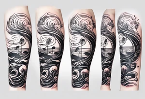 lots of empty space with simple line of icons down the back of the arm. there are four icons in this order:

1. a music note on a staff
2. a wave of water
3. a pocket
4. mushroom tattoo idea