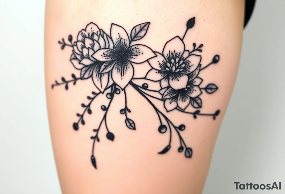 large florals with branches and berries tattoo idea